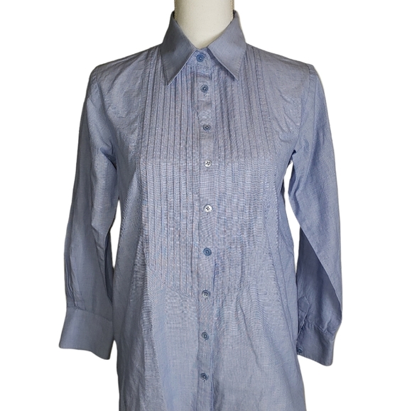 CAbi Blue Oxford Shirt Size Small Button Up Pintuck Pleated Tailored Career Work - Picture 2 of 13